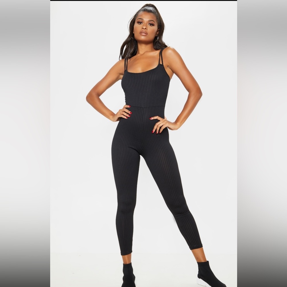 Black Ribbed Double Strap Jumpsuit